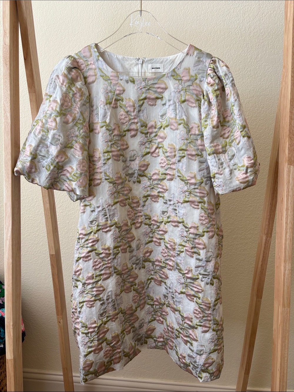 AUREUM White Mini Dress with Pink and Green Floral Jacquard